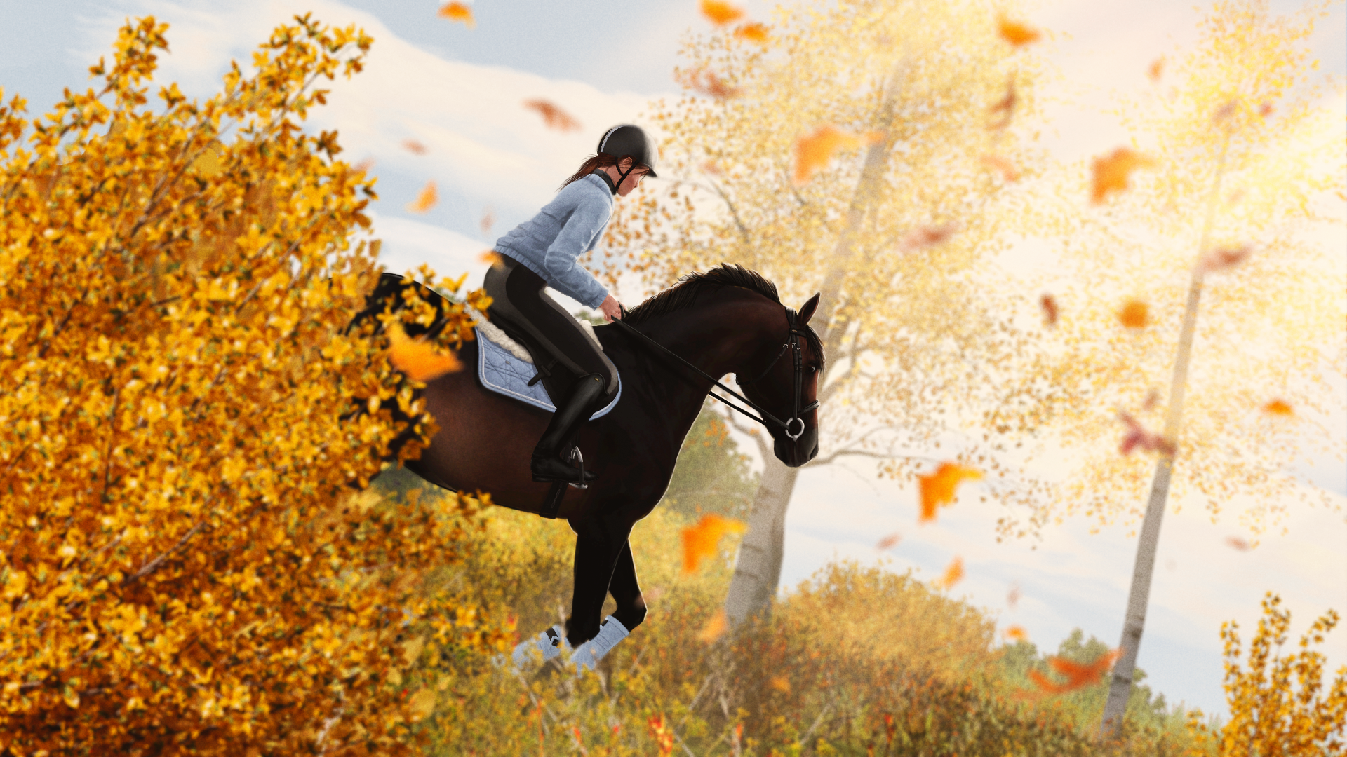 A rider gallops on a dark horse through a sunlit autumn forest, surrounded by golden leaves.